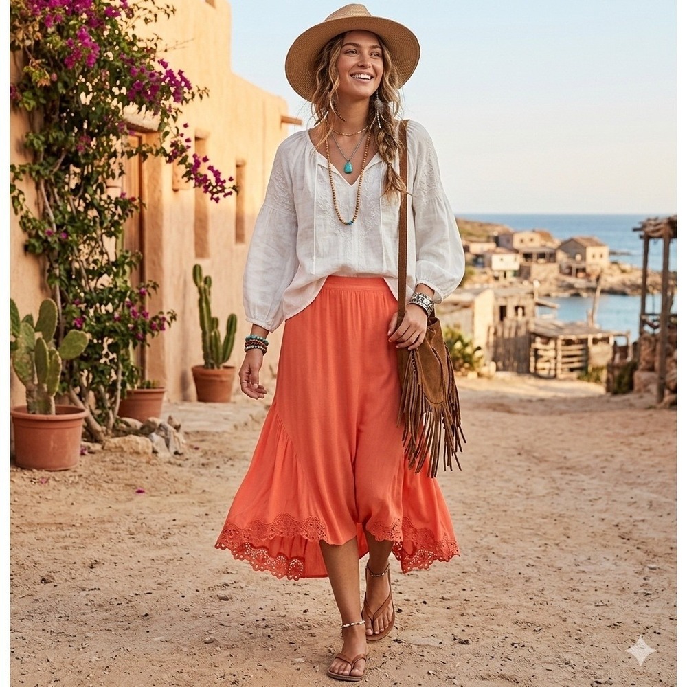 MindSet by XCVI Womens Crochet‎ Lace Trim Midi Skirt  M Boho Peasant Festival